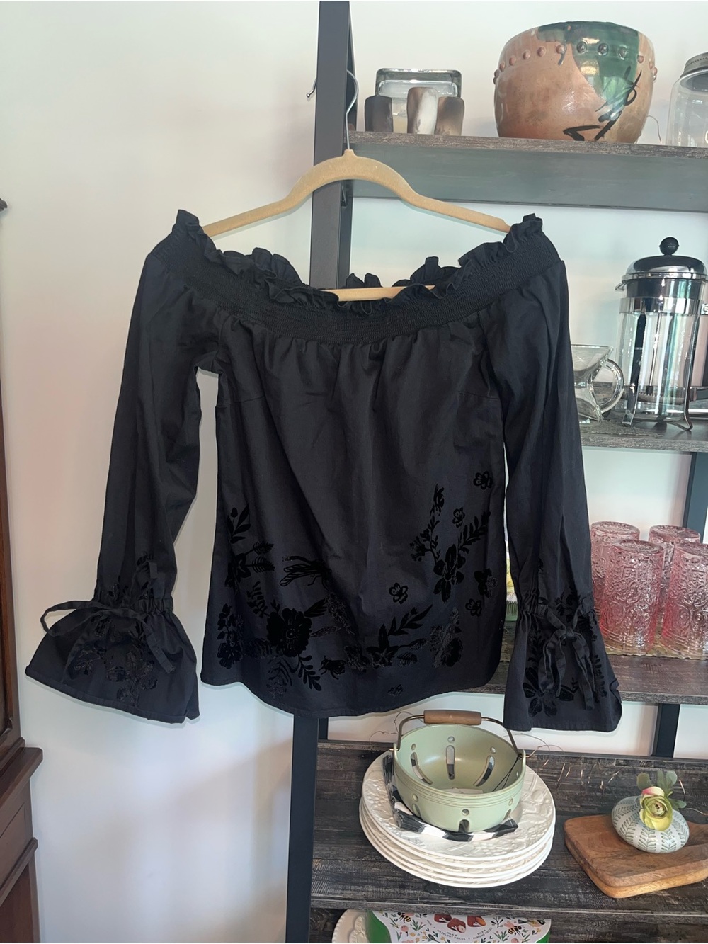 William Rast Crushed Velvet Y2K Off Shoulder Dragonfly Bumblebee Floral Flare